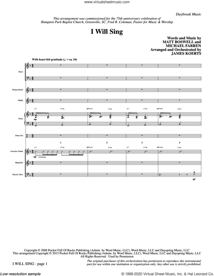 I Will Sing (COMPLETE) sheet music for orchestra/band by James Koerts, Matt Boswell and Michael Farren, intermediate skill level