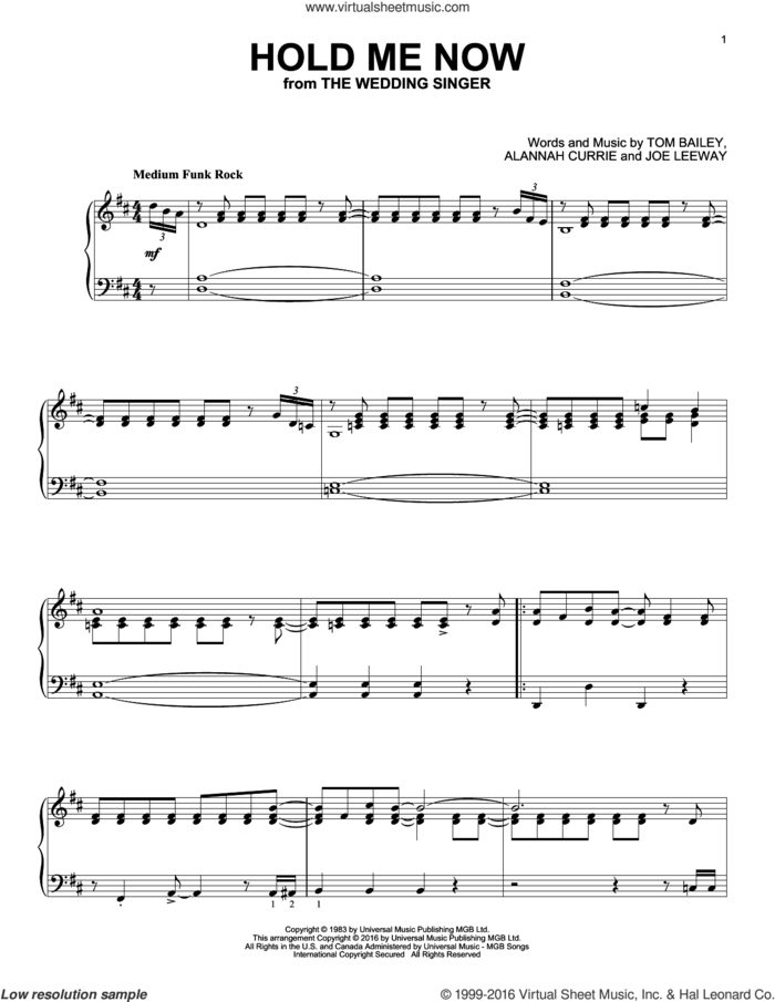 Hold Me Now sheet music for piano solo by Thompson Twins, Alannah Currie, Joe Leeway and Tom Bailey, intermediate skill level