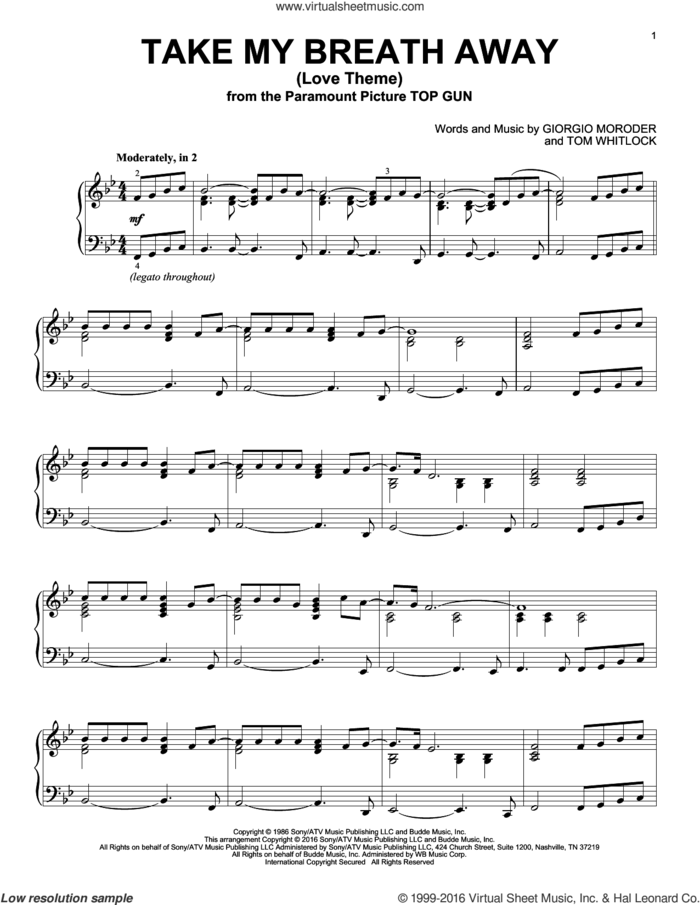Take My Breath Away (Love Theme), (intermediate) sheet music for piano solo by Giorgio Moroder, Irving Berlin, Jessica Simpson and Tom Whitlock, intermediate skill level