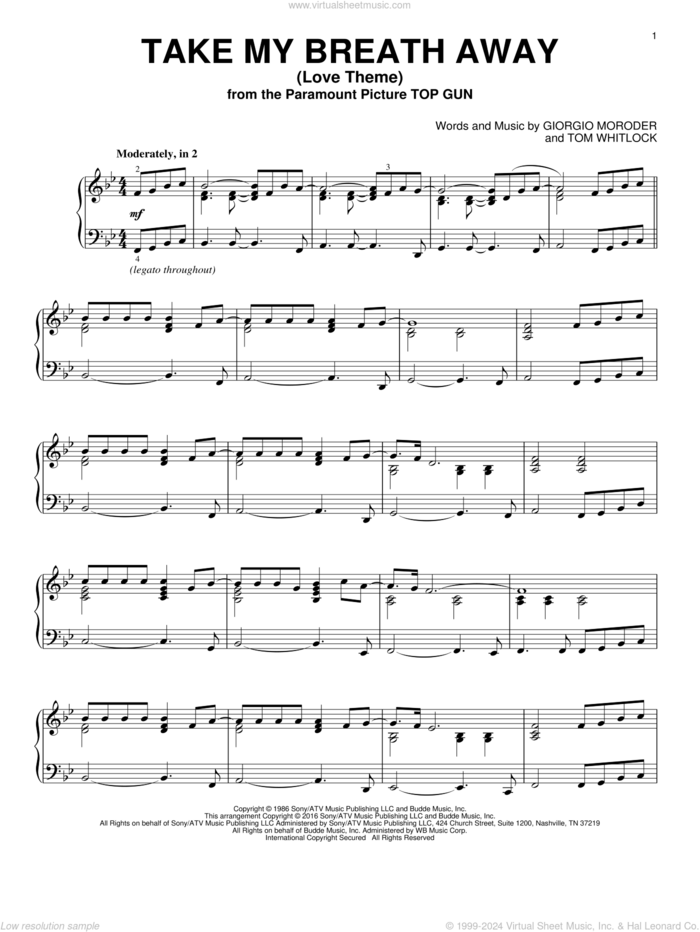 Take My Breath Away (Love Theme), (intermediate) sheet music for piano solo by Giorgio Moroder, Irving Berlin, Jessica Simpson and Tom Whitlock, intermediate skill level