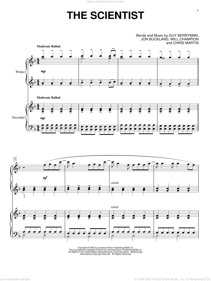 The Scientist sheet music for piano four hands by Coldplay, Chris Martin, Guy Berryman, Jon Buckland and Will Champion, intermediate skill level