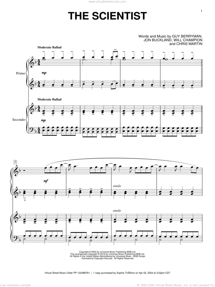 The Scientist sheet music for piano four hands by Coldplay, Chris Martin, Guy Berryman, Jon Buckland and Will Champion, intermediate skill level