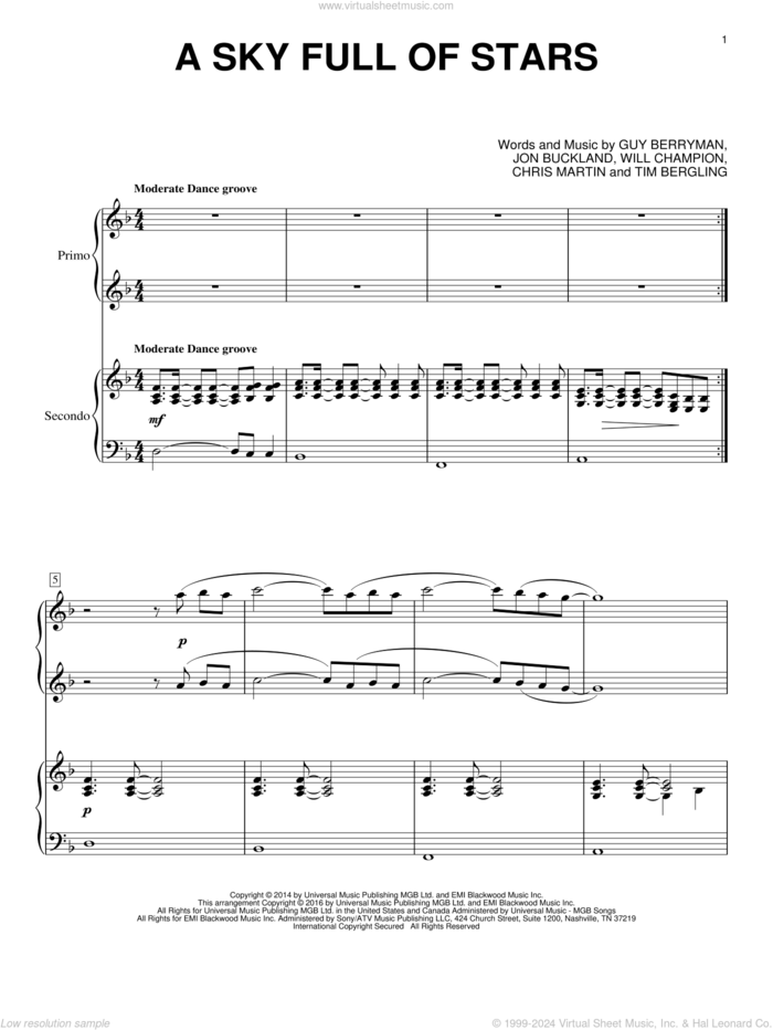 A Sky Full Of Stars sheet music for piano four hands by Coldplay, Chris Martin, Guy Berryman, Jon Buckland, Tim Bergling and Will Champion, wedding score, intermediate skill level