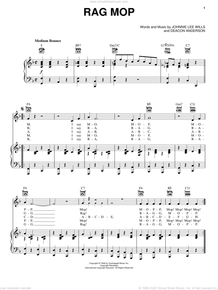 Rag Mop sheet music for voice, piano or guitar by Johnny Lee Wills and Deacon Anderson, intermediate skill level