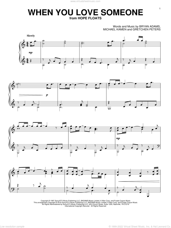 When You Love Someone, (intermediate) sheet music for piano solo by Bryan Adams, Gretchen Peters and Michael Kamen, intermediate skill level