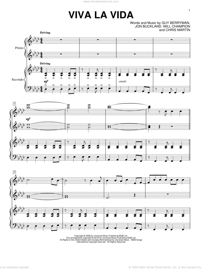 Viva La Vida sheet music for piano four hands by Coldplay, Chris Martin, Guy Berryman, Jon Buckland and Will Champion, intermediate skill level