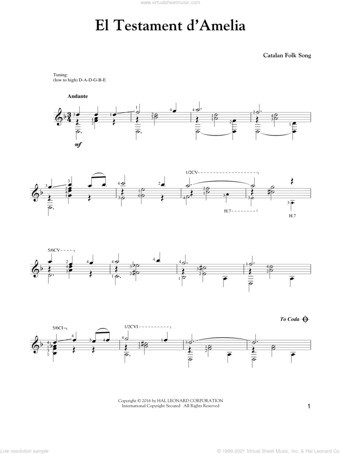 El Testament D'Amelia sheet music for guitar solo by Johann Sebastian Bach, classical wedding score, intermediate skill level