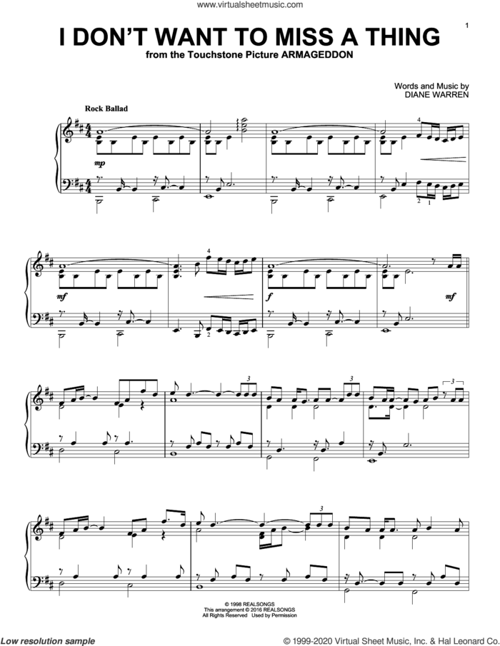 I Don't Want To Miss A Thing sheet music for piano solo by Aerosmith, David Cook and Diane Warren, intermediate skill level