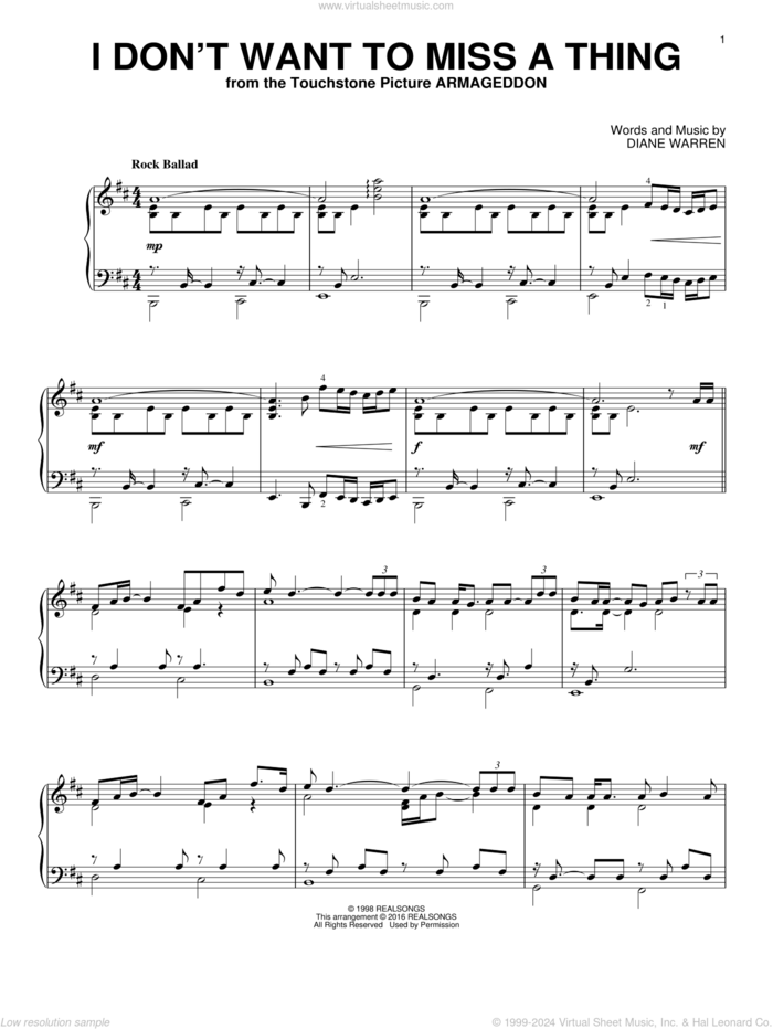 I Don't Want To Miss A Thing sheet music for piano solo by Aerosmith, David Cook and Diane Warren, intermediate skill level