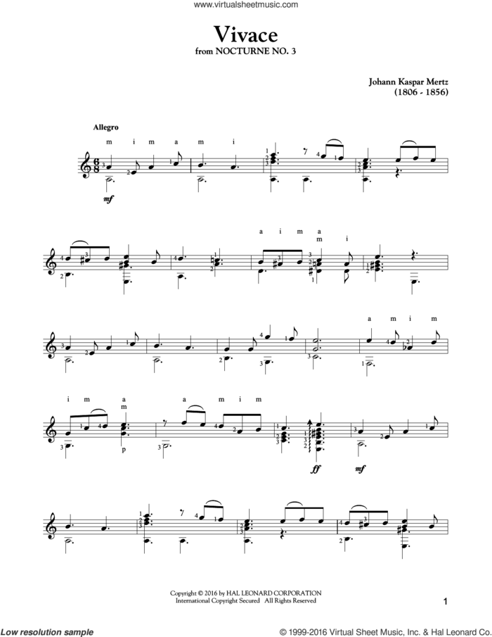 Vivace sheet music for guitar solo by Johann Kaspar Mertz, intermediate skill level
