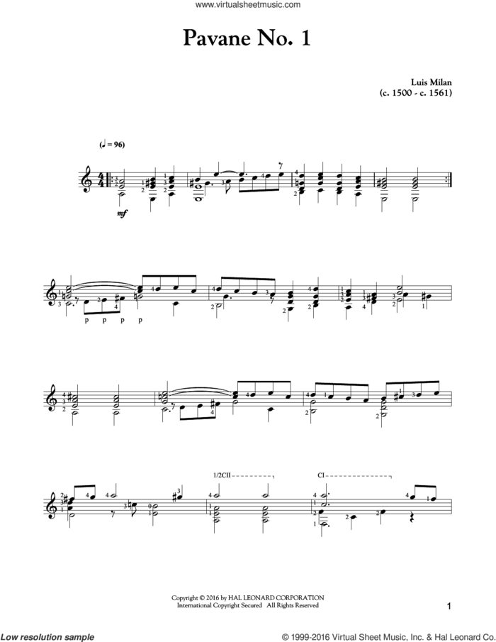 Pavane No. 1 sheet music for guitar solo by Luis de Milan and Luis de Milan, classical score, intermediate skill level