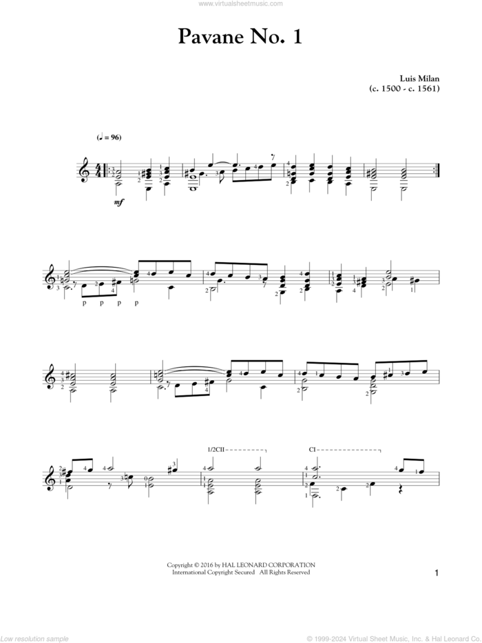 Pavane No. 1 sheet music for guitar solo by Luis de Milan and Luis de Milan, classical score, intermediate skill level