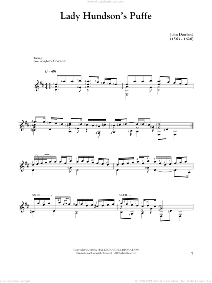 Lady Hunsdon's Puffe sheet music for guitar solo by John Dowland, intermediate skill level