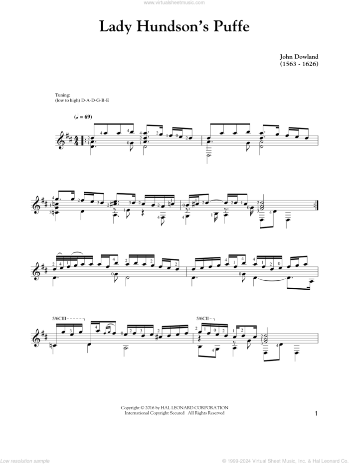 Lady Hunsdon's Puffe sheet music for guitar solo by John Dowland, intermediate skill level