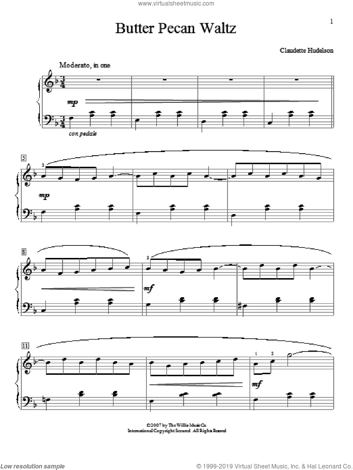 Butter Pecan Waltz sheet music for piano solo (elementary) by Claudette Hudelson, classical score, beginner piano (elementary)