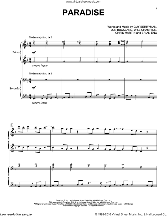 Paradise sheet music for piano four hands by Guy Berryman, Coldplay, Brian Eno, Chris Martin, Jon Buckland and Will Champion, intermediate skill level