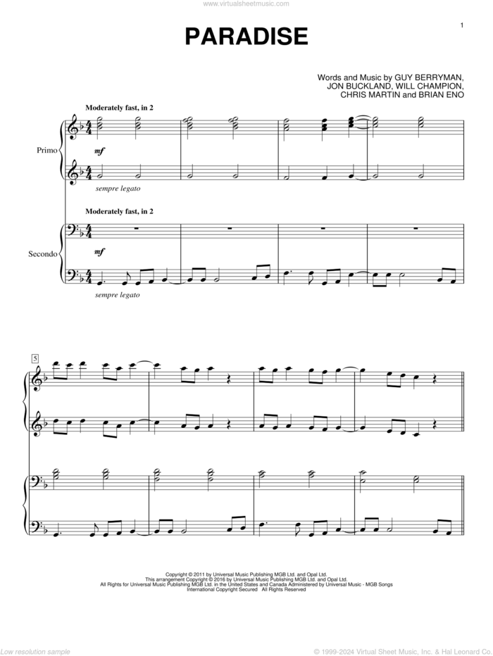 Paradise sheet music for piano four hands by Guy Berryman, Coldplay, Brian Eno, Chris Martin, Jon Buckland and Will Champion, intermediate skill level