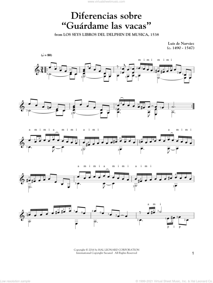 Guardame Las Vacas sheet music for guitar solo by Luys de Narvaez and Luys de Narvaez, classical score, intermediate skill level