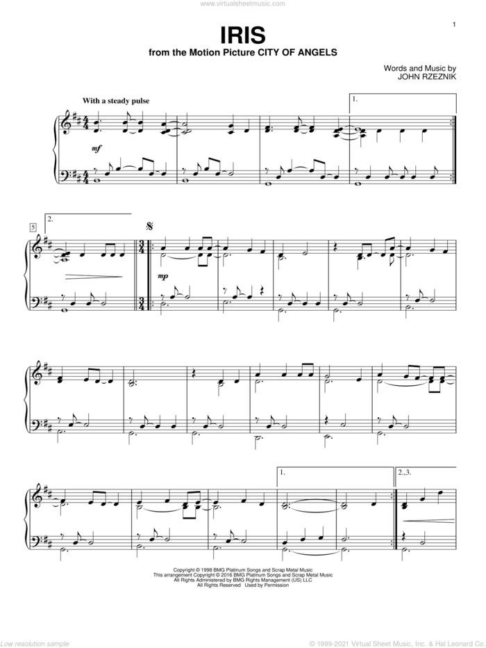 Iris, (intermediate) sheet music for piano solo by Goo Goo Dolls and John Rzeznik, intermediate skill level