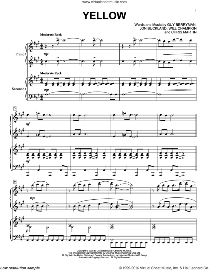 Yellow sheet music for piano four hands by Coldplay, Chris Martin, Guy Berryman, Jon Buckland and Will Champion, intermediate skill level