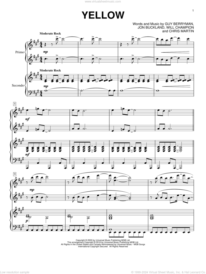 Yellow sheet music for piano four hands by Coldplay, Chris Martin, Guy Berryman, Jon Buckland and Will Champion, intermediate skill level