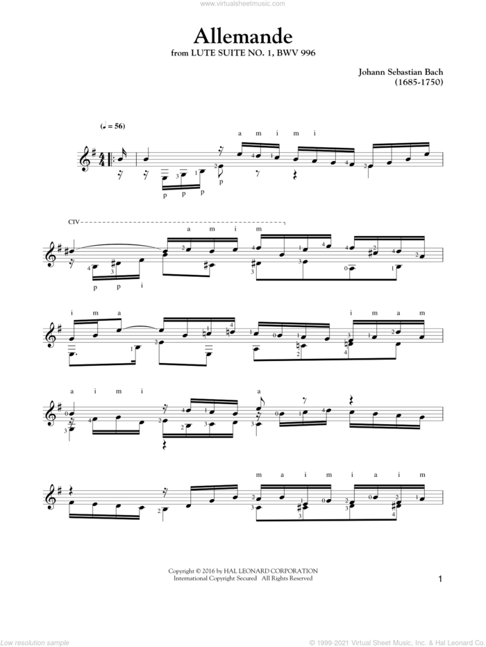 Allemande sheet music for guitar solo by Johann Sebastian Bach, classical score, intermediate skill level