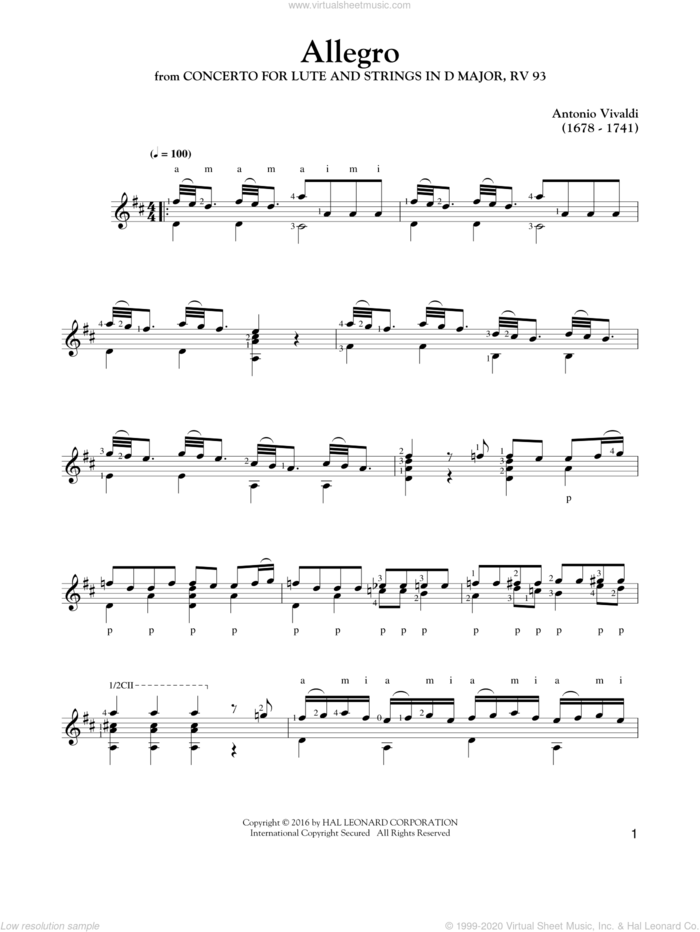 Allegro from Concerto In D Major sheet music for guitar solo by Antonio Vivaldi, classical wedding score, intermediate skill level