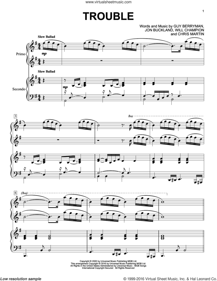 Trouble sheet music for piano four hands by Guy Berryman, Coldplay, Chris Martin, Jon Buckland and Will Champion, intermediate skill level