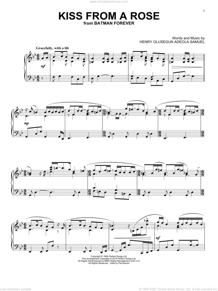 Kiss From A Rose, (intermediate) sheet music for piano solo by Manuel Seal and Henry Olusegun Adeola Samuel, intermediate skill level