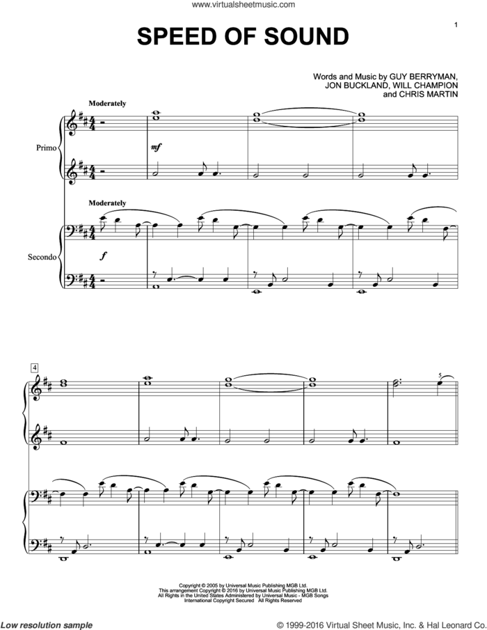 Speed Of Sound sheet music for piano four hands by Guy Berryman, Coldplay, Chris Martin, Jon Buckland and Will Champion, intermediate skill level