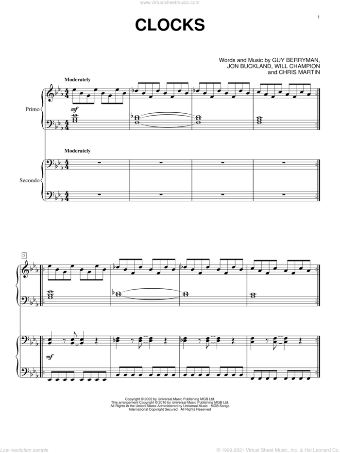 Clocks sheet music for piano four hands by Coldplay, Chris Martin, Guy Berryman, Jon Buckland and Will Champion, intermediate skill level