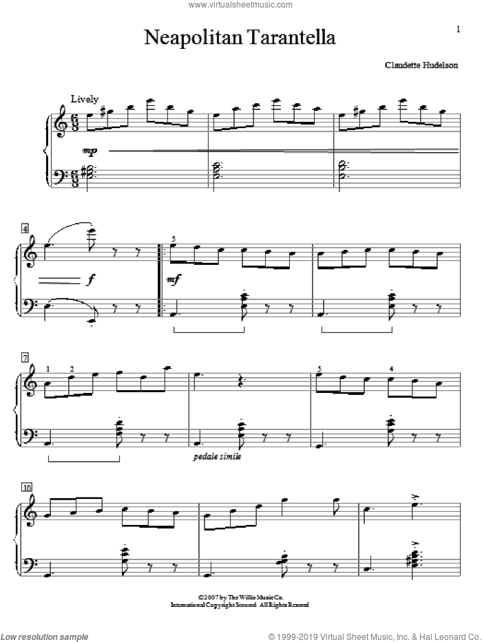 Neapolitan Tarantella sheet music for piano solo (elementary) by Claudette Hudelson, classical score, beginner piano (elementary)