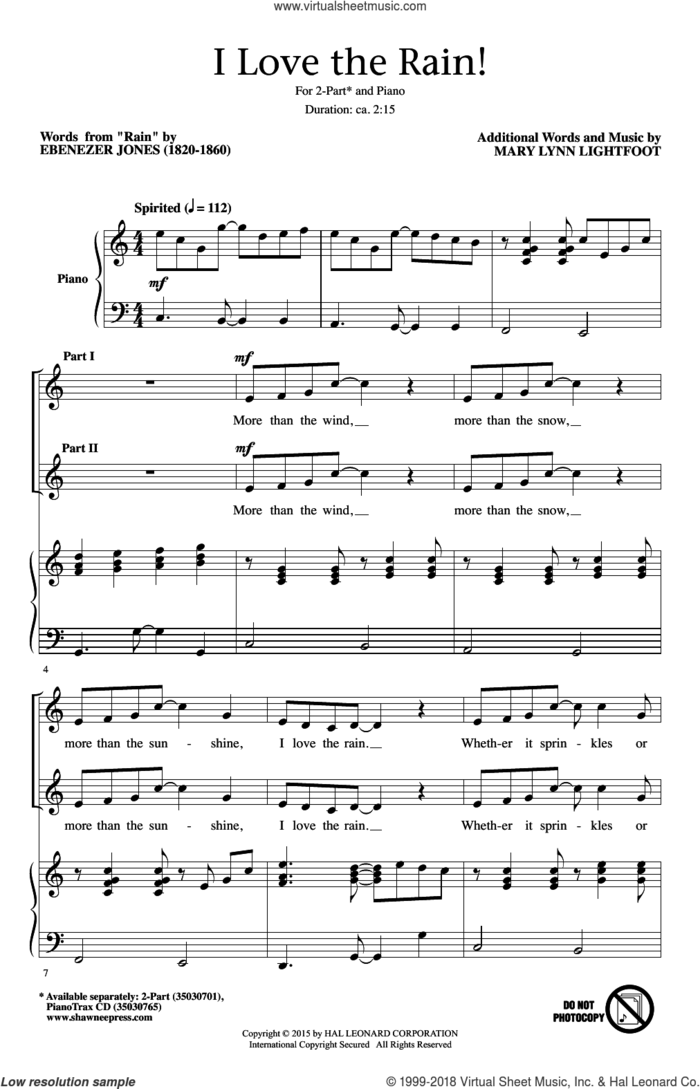 I Love The Rain! sheet music for choir (2-Part) by Mary Lynn Lightfoot and Ebenezer Jones, intermediate duet