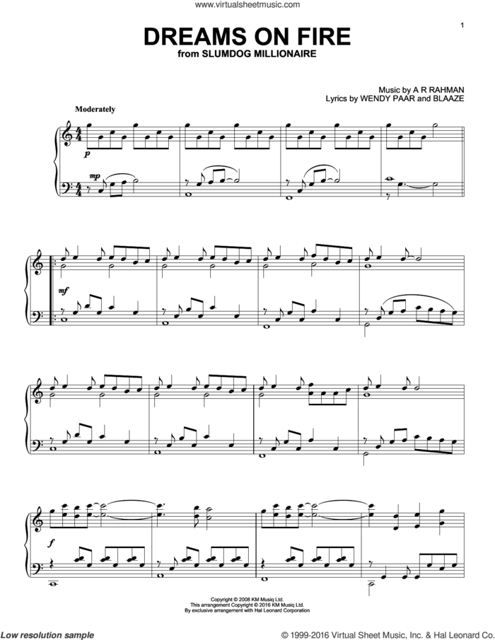 Dreams On Fire sheet music for piano solo by A.R. Rahman, BlaaZe and Wendy Paar, intermediate skill level