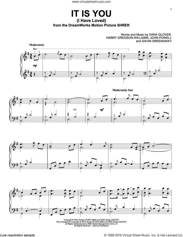 It Is You (I Have Loved), (intermediate) sheet music for piano solo by Dana Glover, Gavin Greenaway, Harry Gregson-Williams and John Powell, wedding score, intermediate skill level