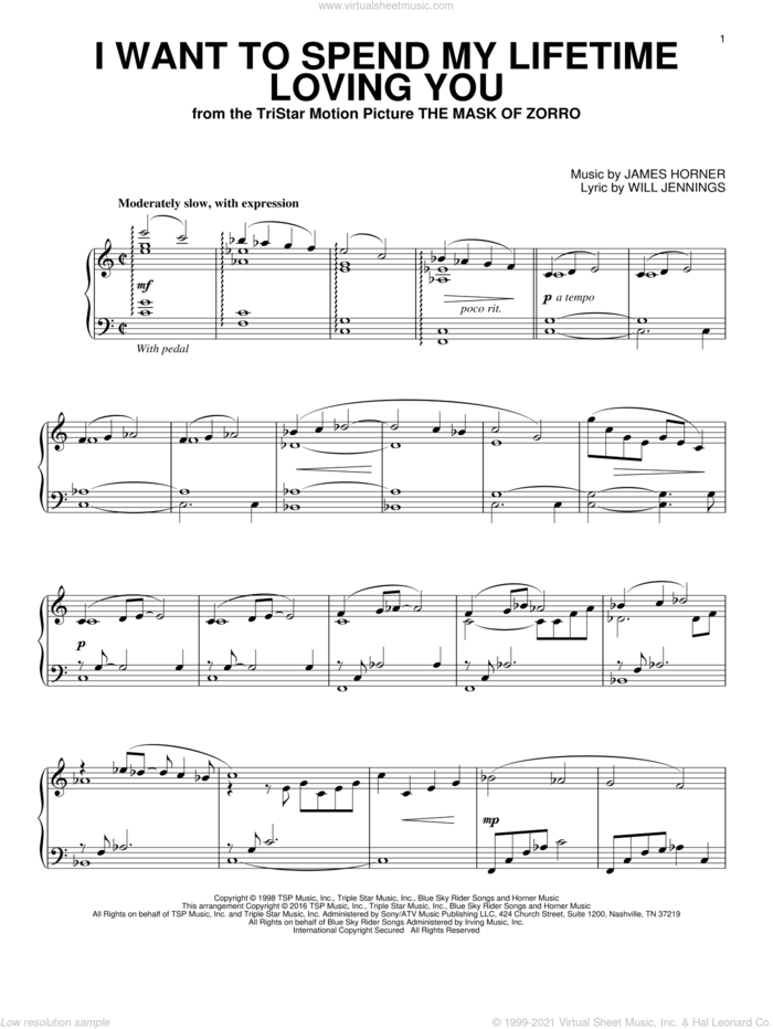 I Want To Spend My Lifetime Loving You sheet music for piano solo by Marc Anthony and Tina Arena, James Horner and Will Jennings, wedding score, intermediate skill level