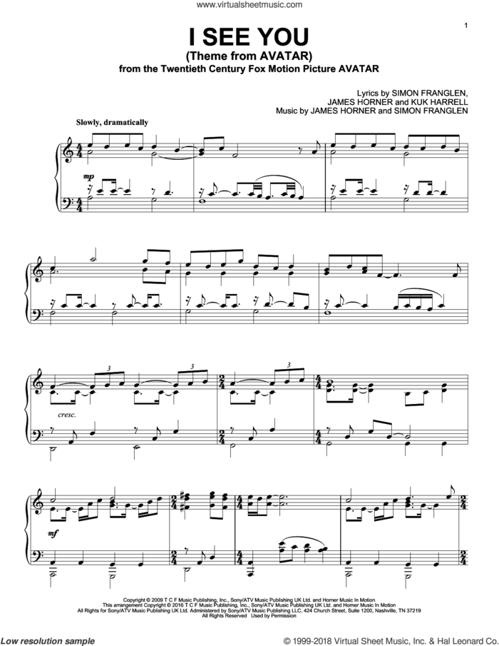 I See You (Theme From Avatar) sheet music for piano solo by Leona Lewis, James Horner, Kuk Harrell and Simon Franglen, intermediate skill level