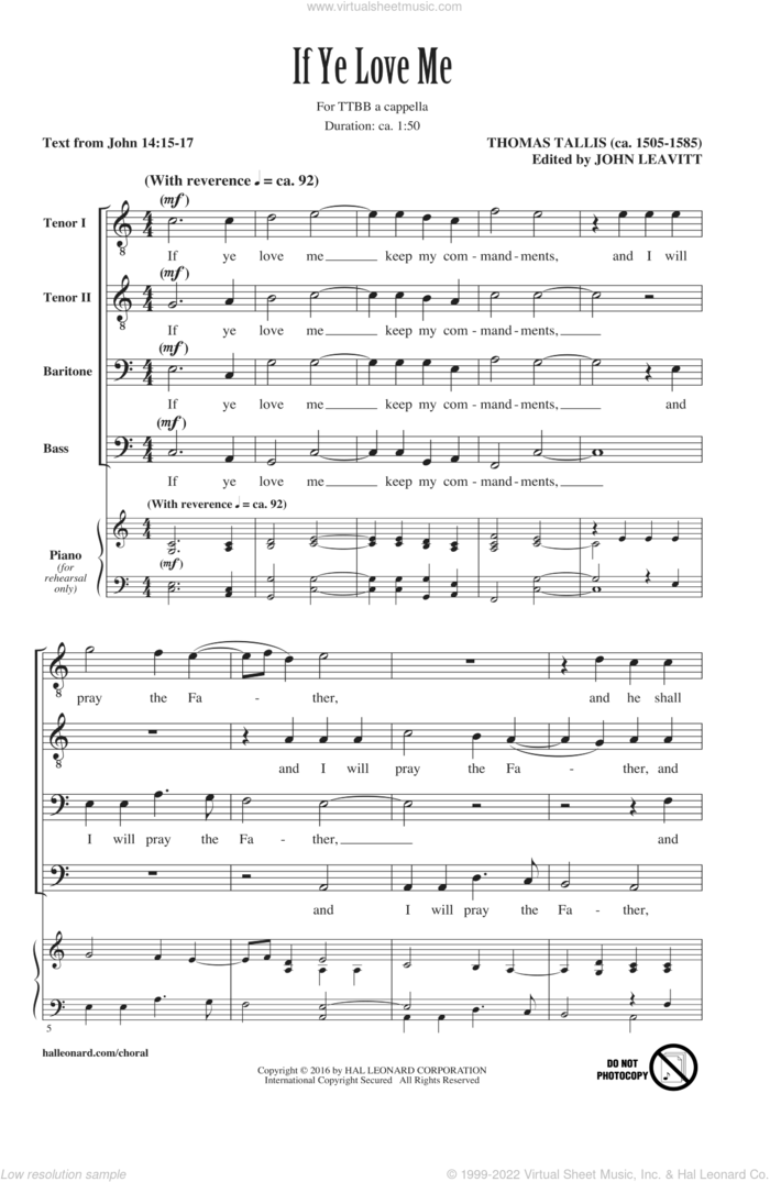 If Ye Love Me sheet music for choir (TTBB: tenor, bass) by Thomas Tallis and John Leavitt, intermediate skill level