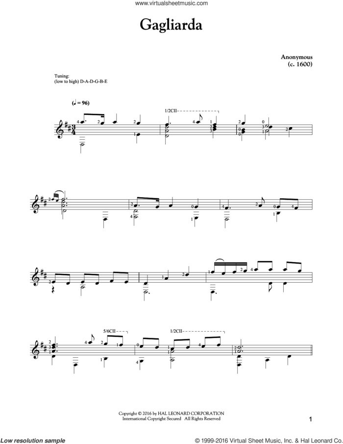 Gagliarda sheet music for guitar solo by Anonymous, classical score, intermediate skill level