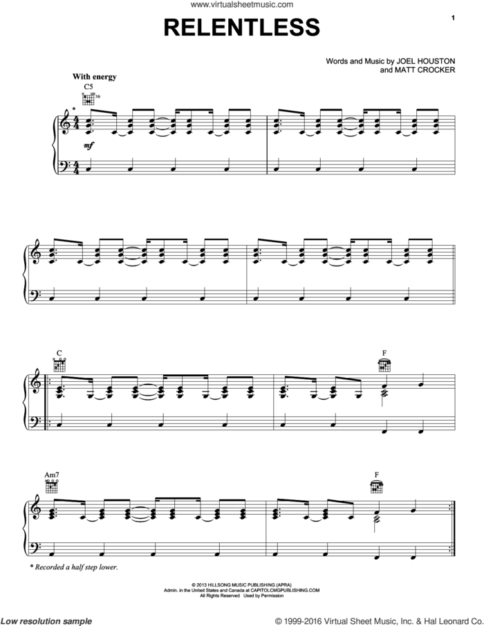 Relentless sheet music for voice, piano or guitar by Matt Crocker and Joel Houston, intermediate skill level