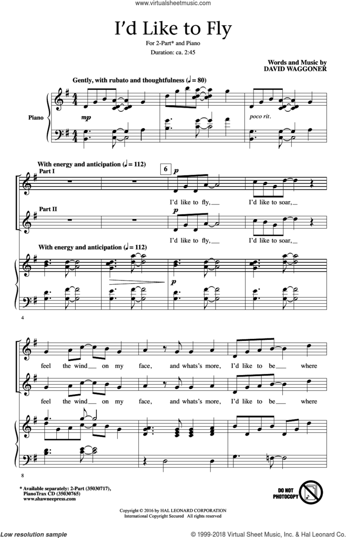 I'd Like To Fly sheet music for choir (2-Part) by David Waggoner, intermediate duet