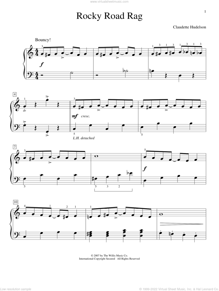 Rocky Road Rag sheet music for piano solo (elementary) by Claudette Hudelson, classical score, beginner piano (elementary)