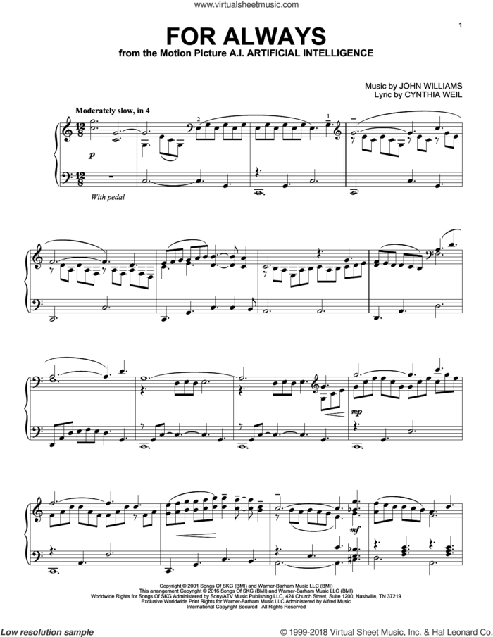 For Always sheet music for piano solo by Cynthia Weil and John Williams, wedding score, intermediate skill level