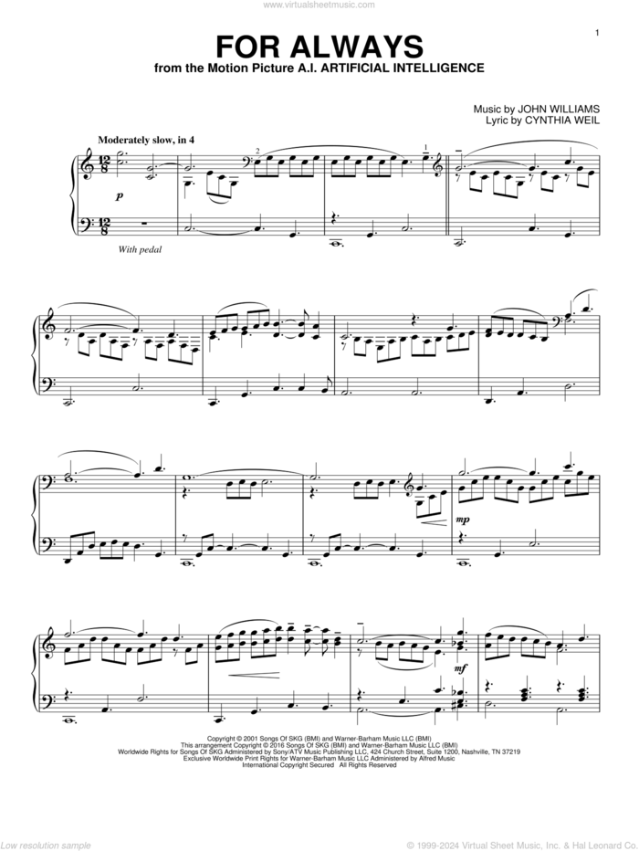 For Always sheet music for piano solo by Cynthia Weil and John Williams, wedding score, intermediate skill level