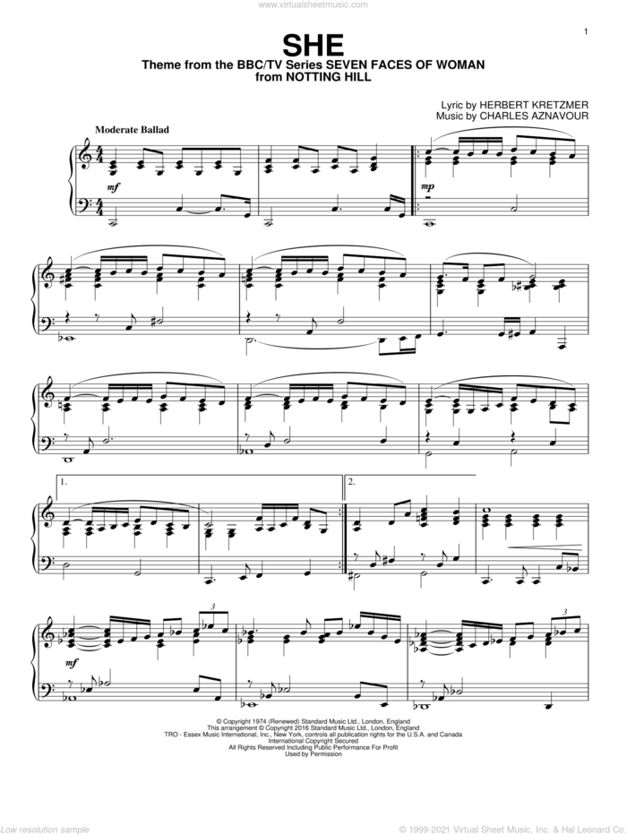 She, (intermediate) sheet music for piano solo by Elvis Costello, Charles Aznavour and Herbert Kretzmer, intermediate skill level