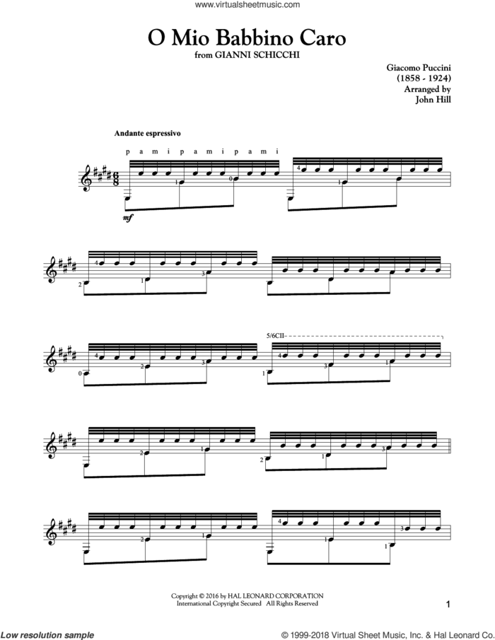 O Mio Babbino Caro sheet music for guitar solo by Giacomo Puccini, classical score, intermediate skill level