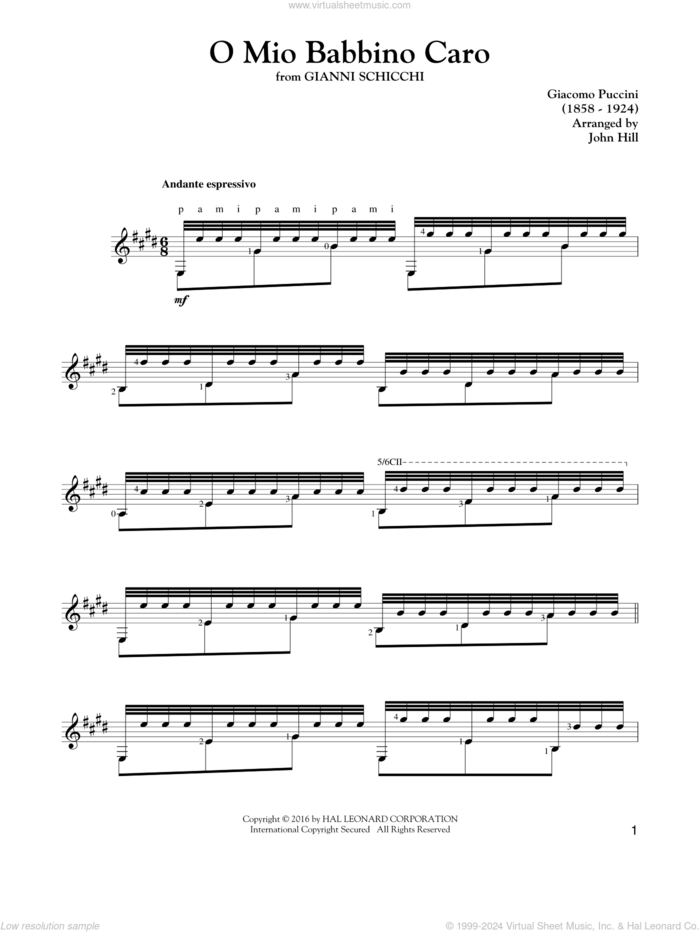 O Mio Babbino Caro sheet music for guitar solo by Giacomo Puccini, classical score, intermediate skill level