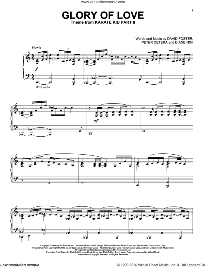Glory Of Love, (intermediate) sheet music for piano solo by Peter Cetera, David Foster and Diane Nini, intermediate skill level