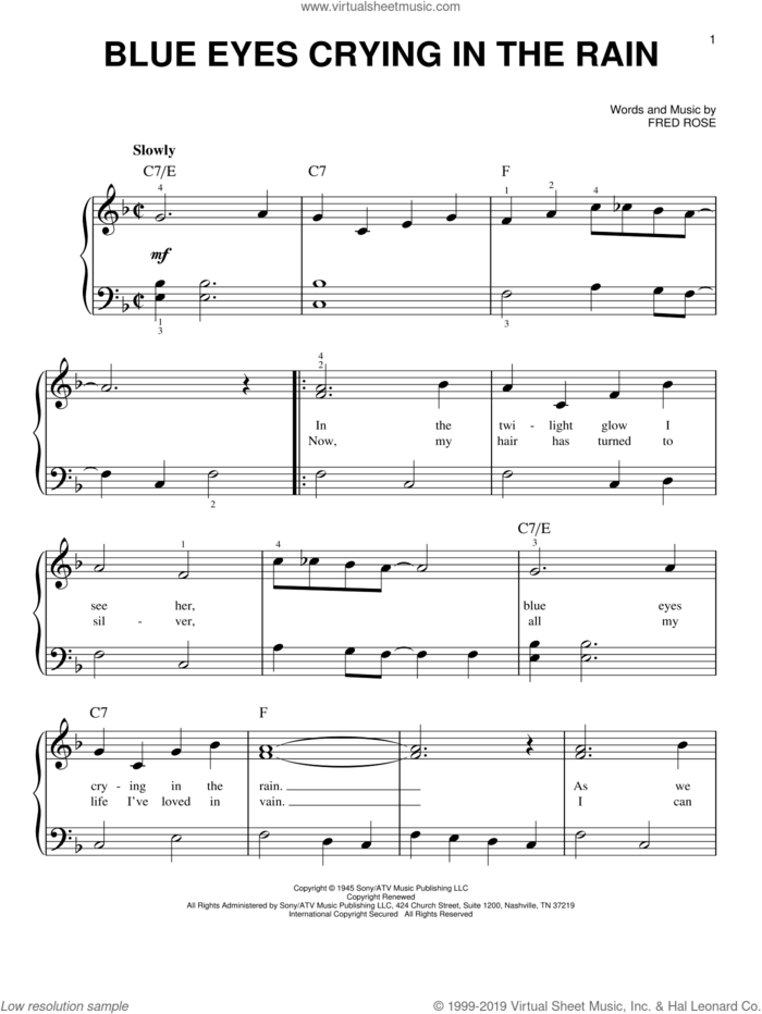 Blue Eyes Crying In The Rain, (beginner) sheet music for piano solo by Willie Nelson, Elvis Presley and Fred Rose, beginner skill level