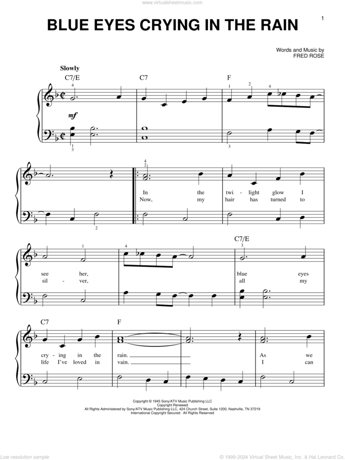 Blue Eyes Crying In The Rain, (beginner) sheet music for piano solo by Willie Nelson, Elvis Presley and Fred Rose, beginner skill level